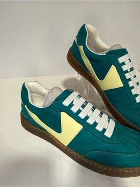 Franco Sarto Teal and Pale Yellow Suede Sneakers